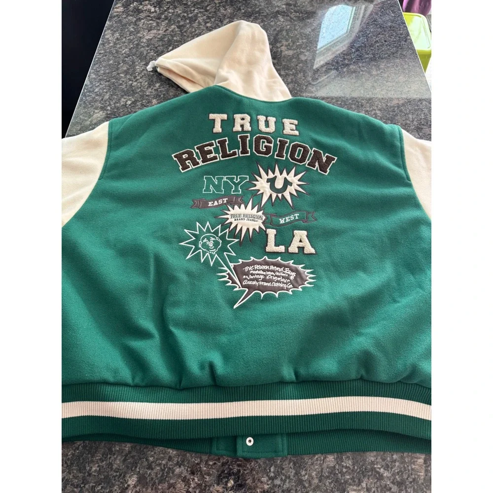True Religion Retro Wool Varsity Jacket‎ Evergreen Winter White XXL 109636 NEW